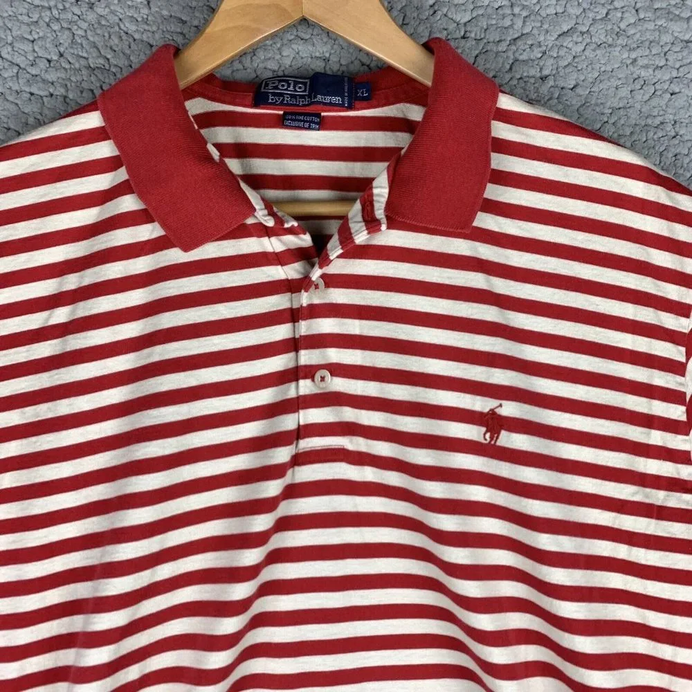 Vintage Polo Ralph Lauren Polo Shirt Mens XL100%‎ Fine Cotton Red White Striped
